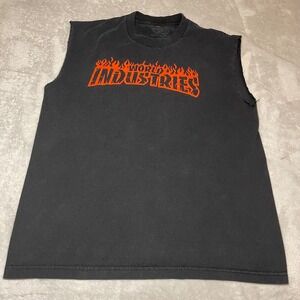 Vintage 90s World Industries Mens Flame Logo Muscle Tee Sleeveless Shirt Black L